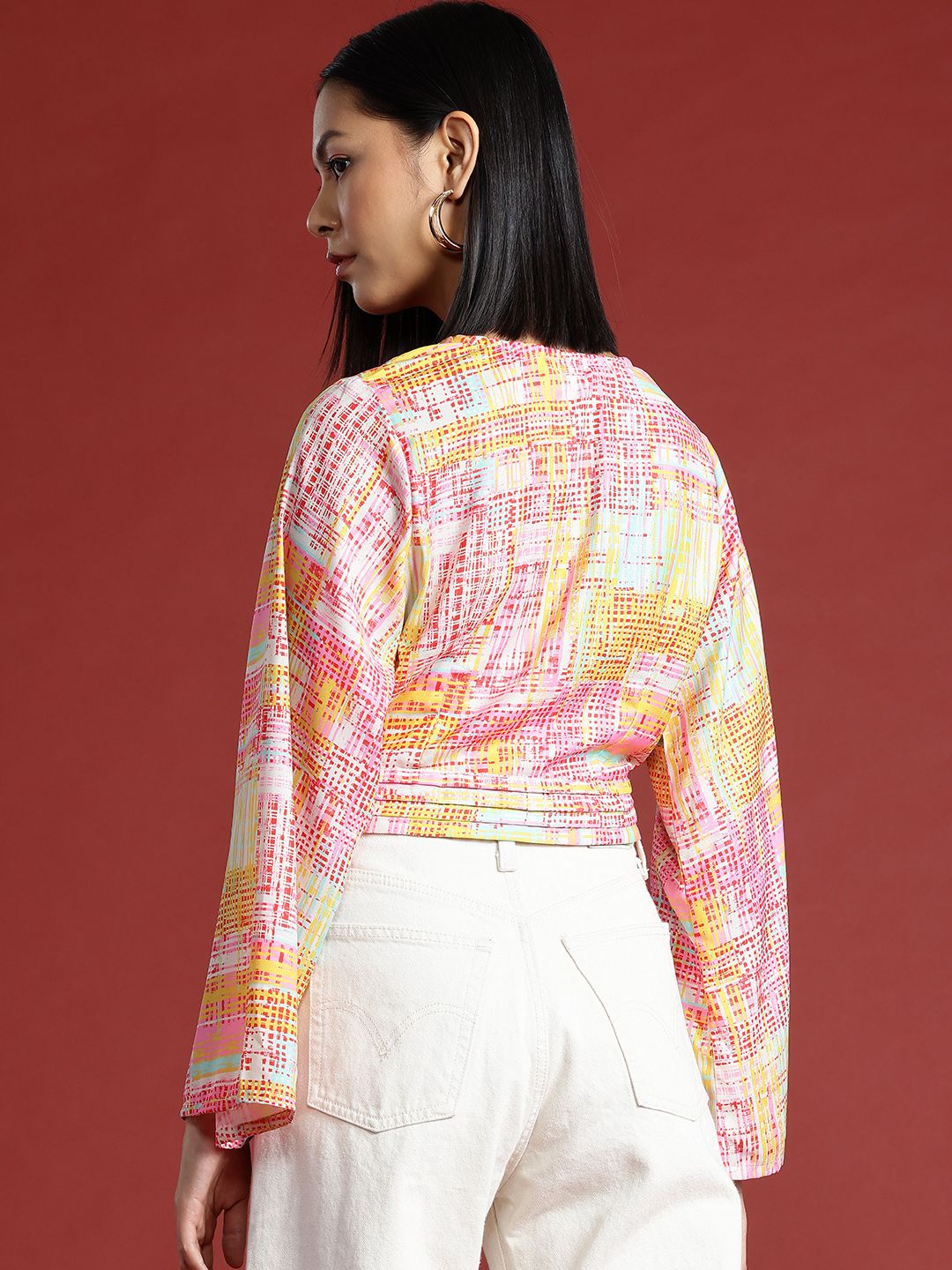 all about you Geometric Print Flared Sleeve Wrap Crop Top