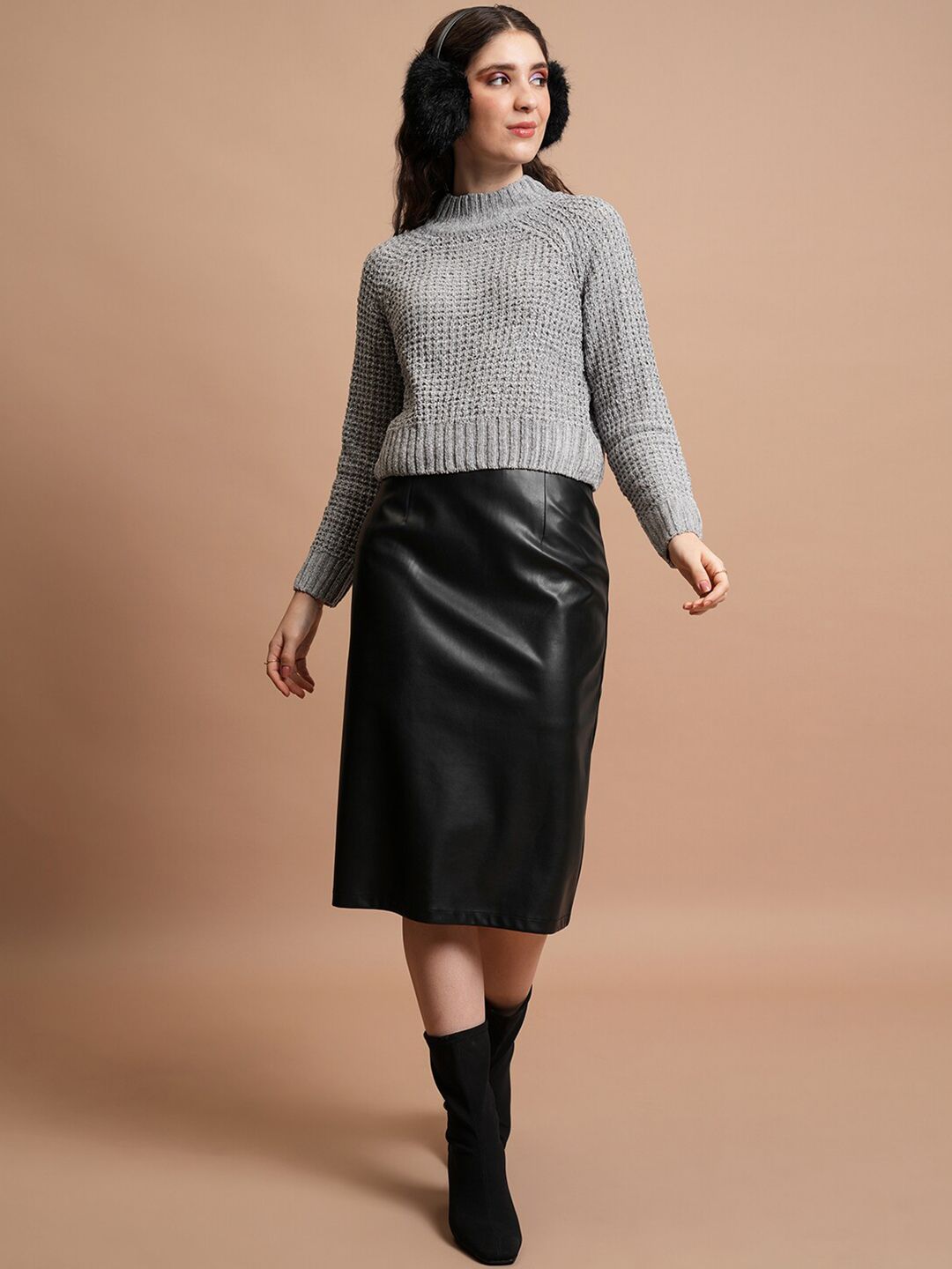 Tokyo Talkies Grey Self Design Turtle Neck Acrylic Pullover