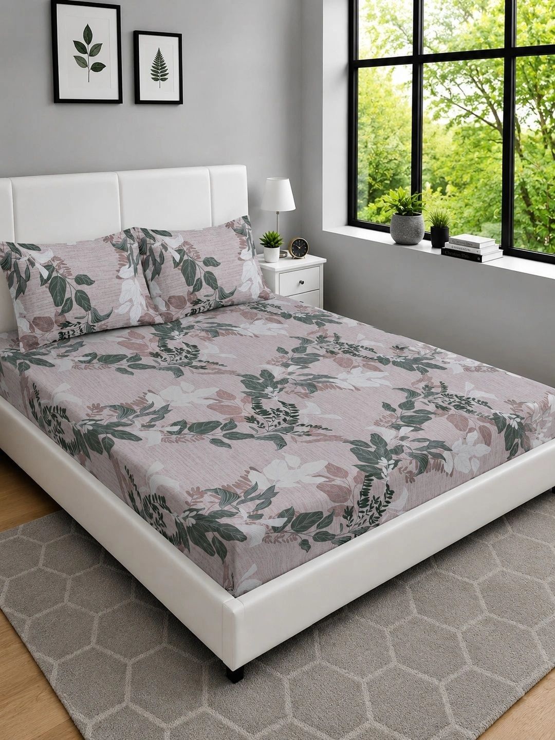 Moda Rapido X KLOTTHE Kelabu & Hijau Bunga 300 TC Cadar King dengan 2 Sarung Bantal
