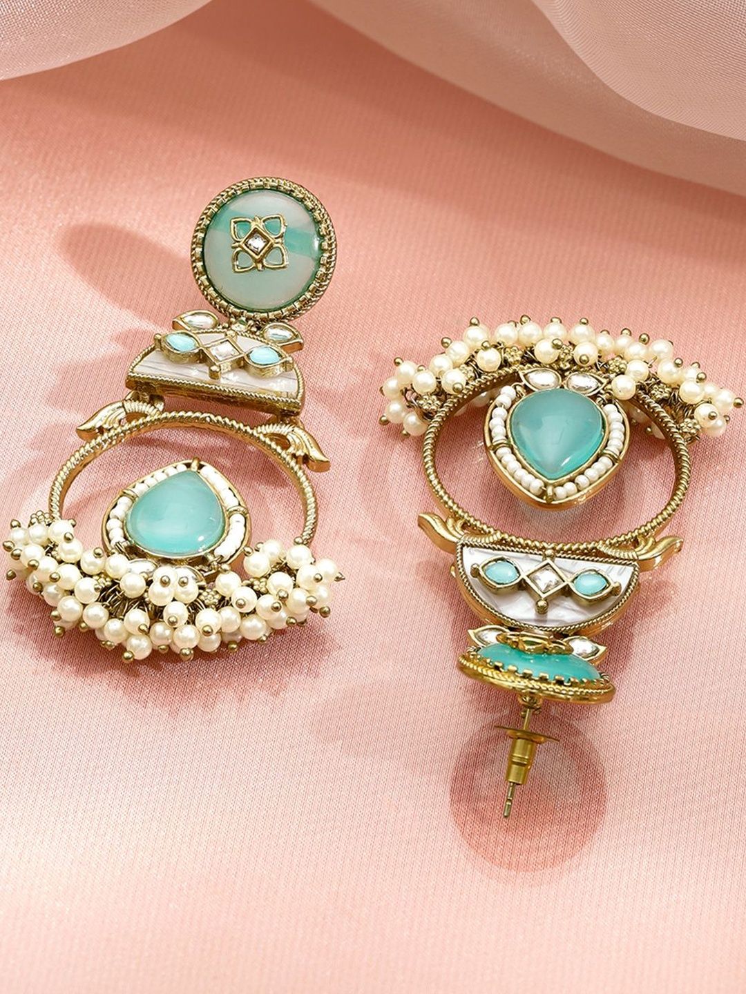 Rubans 22K Gold-Plated Stones Studded & Pearls Beaded Enamelled Circular Drop Earrings