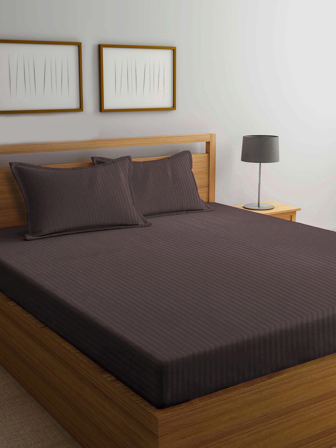 KLOTTHE Brown Striped 300 TC King Bedsheet With Pillow Cover