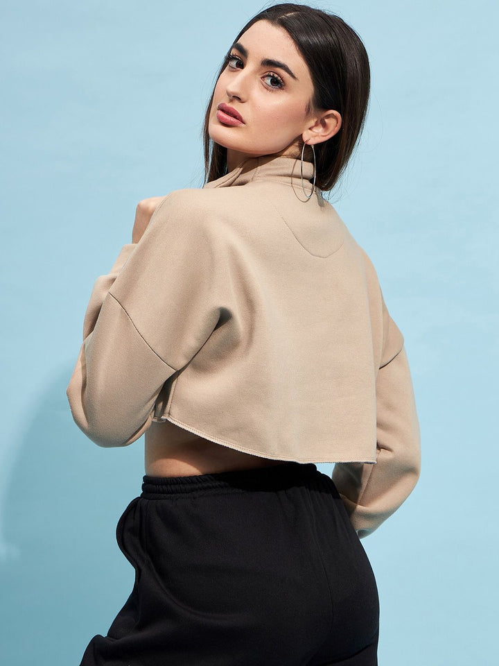 STREET 9 Beige Mock Collar Crop Pure Cotton Sweatshirt