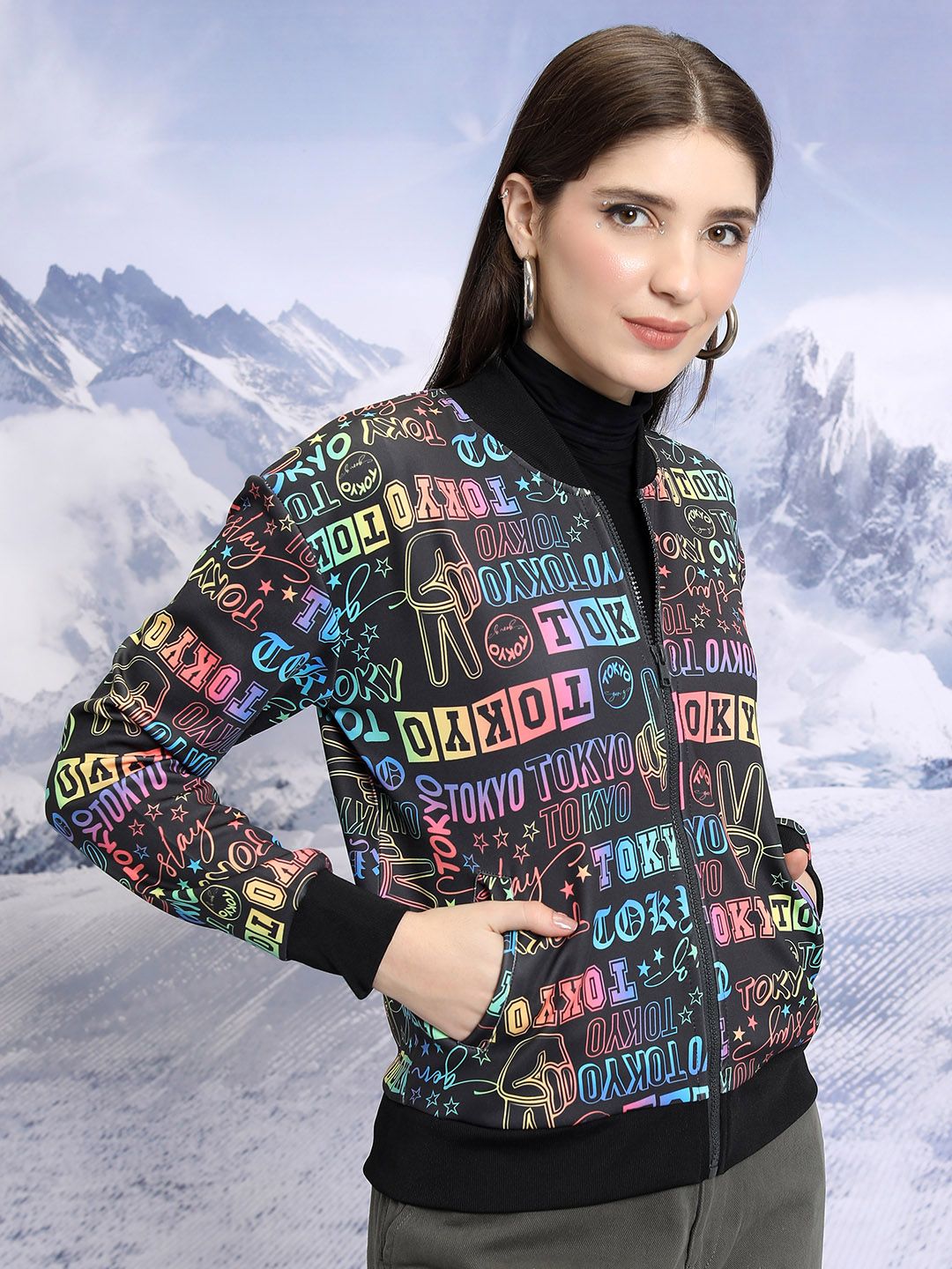 Tokyo Talkies Printed Mandarin Collar Crop Bomber Jacket