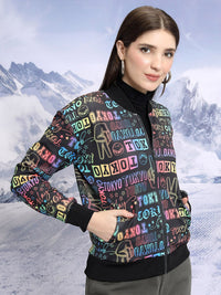Tokyo Talkies Printed Mandarin Collar Crop Bomber Jacket