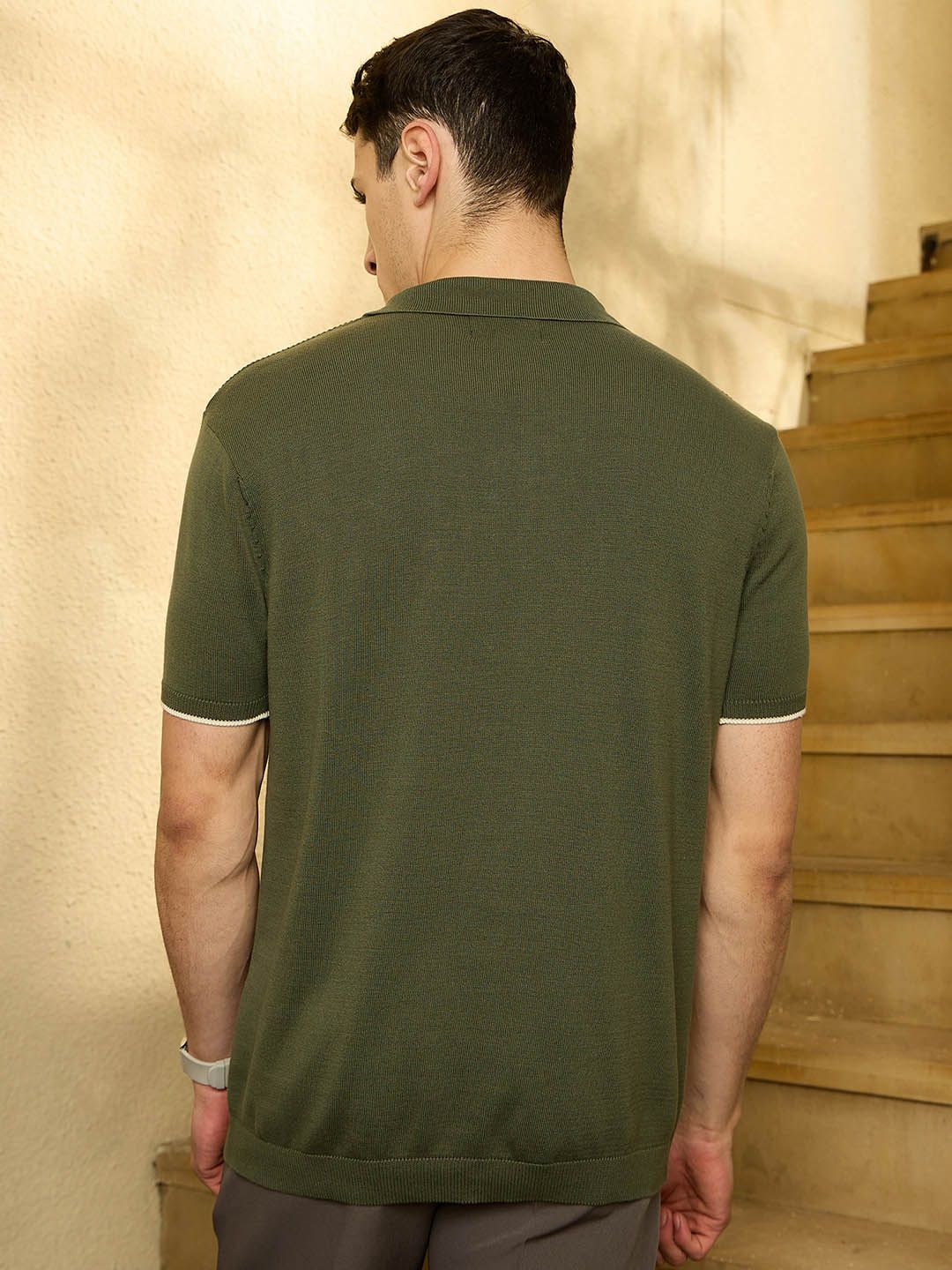 DENNISON Men Textured Polo Collar Knitted T-Shirt