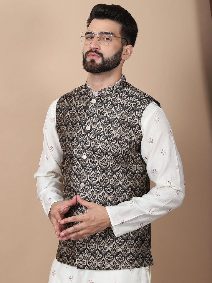 Anouk Cream-Coloured Floral Embroidered Cotton Silk Kurta with Churidar & Nehru Jacket