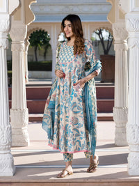 Kalini Floral Printed Neck Cotton Pure Anarkali Kurta dengan Seluar & Dupatta