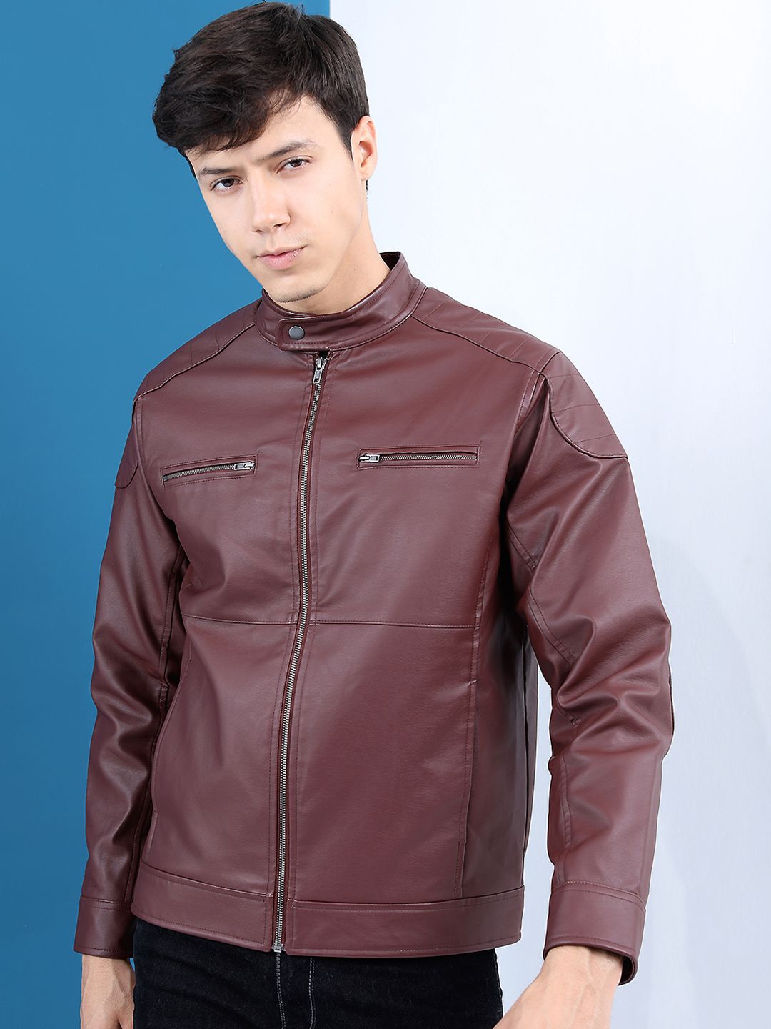 HIGHLANDER Men Burgundy Solid Leather Jacket