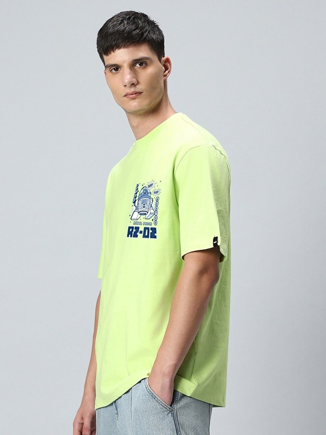 Bewakoof Green Star Wars Printed Drop-Shoulder Sleeves Oversized Cotton T-shirt