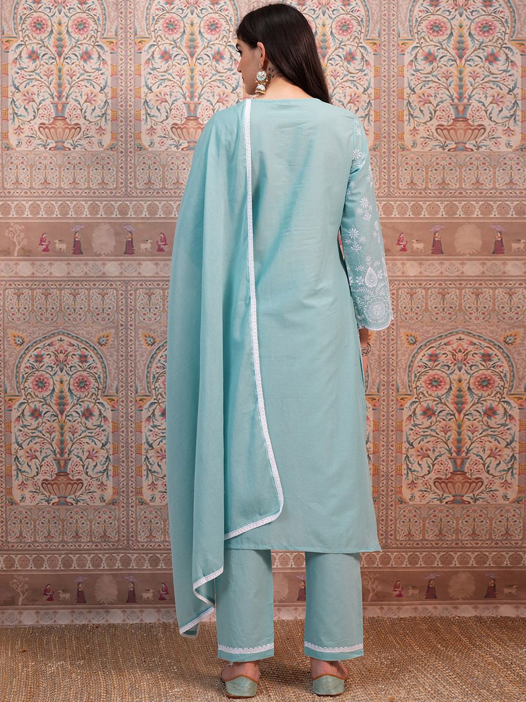 Vishudh Blue Ethnic Motifs Embroidered Thread Work Pure Cotton Kurta &Trouser & Dupatta