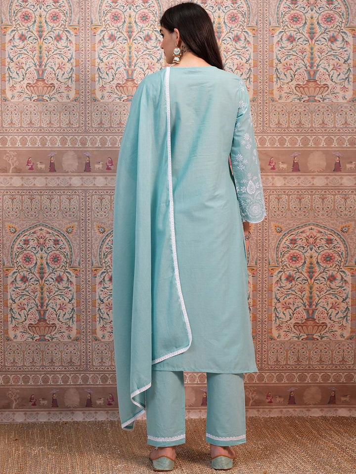 Vishudh Blue Ethnic Motifs Embroidered Thread Work Pure Cotton Kurta &Trouser & Dupatta