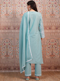 Vishudh Blue Ethnic Motifs Embroidered Thread Work Pure Cotton Kurta &Trouser & Dupatta