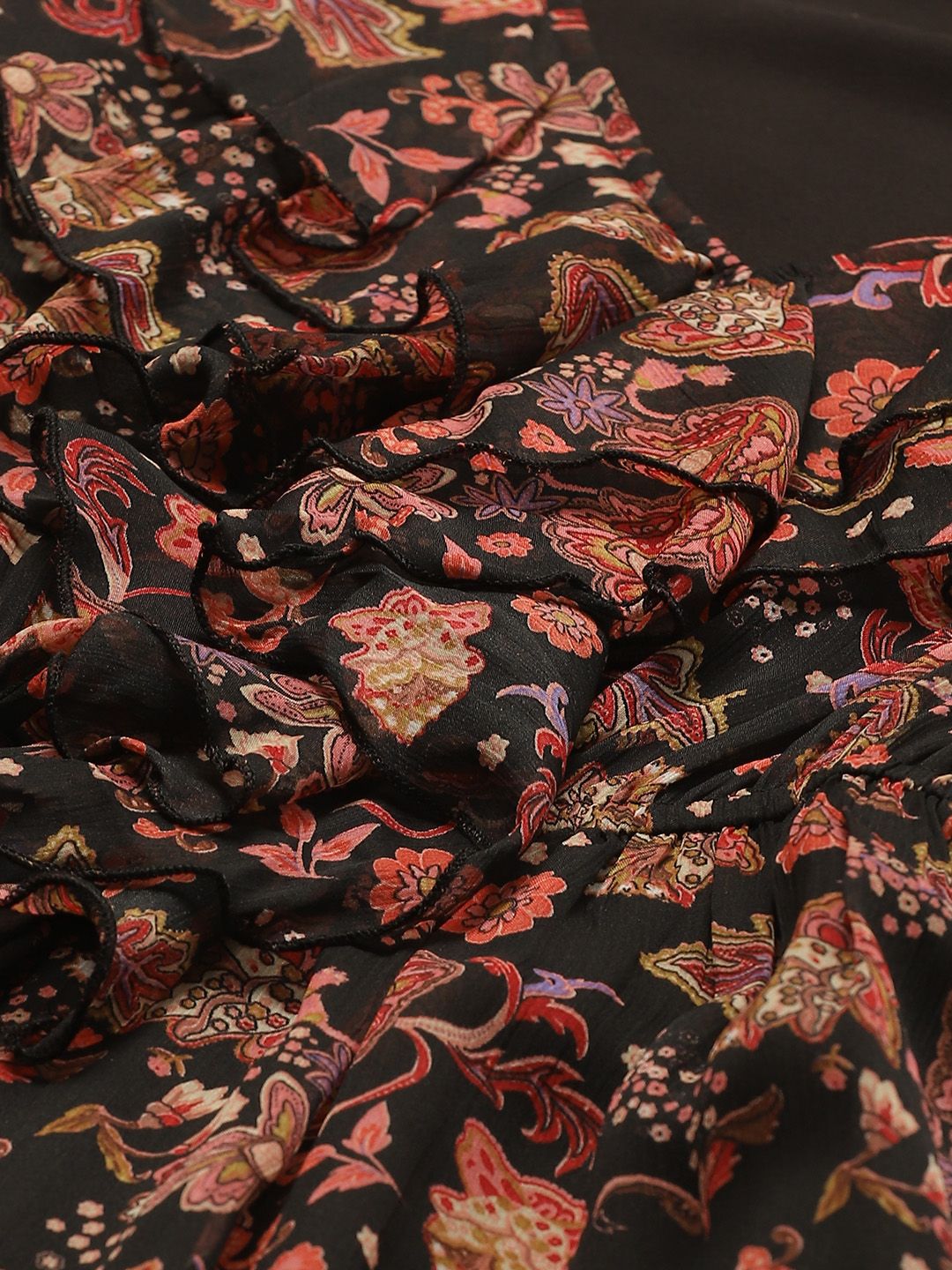 Antheaa Black & Rust Orange Floral Print Tiered Midi Fit & Flare Dress with Ruffles