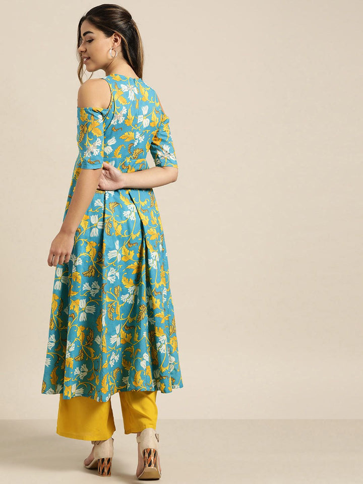 Shae by SASSAFRAS Women Blue & Mustard Yellow Printed Off-Shoulder Anarkali Kurta