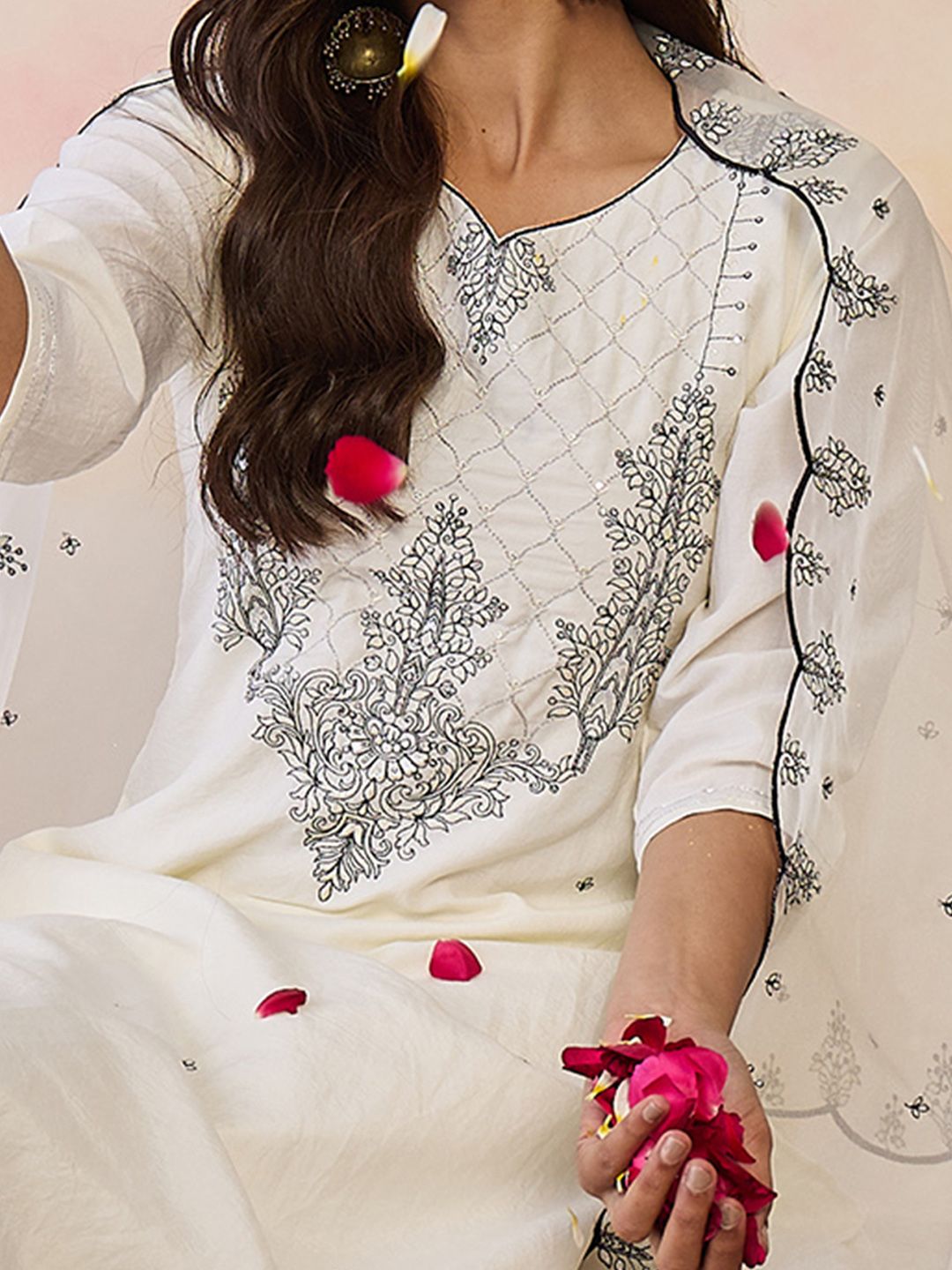 Indo Era Women Ethnic Motifs Embroidered Regular Thread Work Kurta with Trousers & With Dupatta