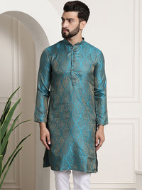 Sojanya Men Teal Blue & Golden Ethnic Motifs Jacquard Kurta