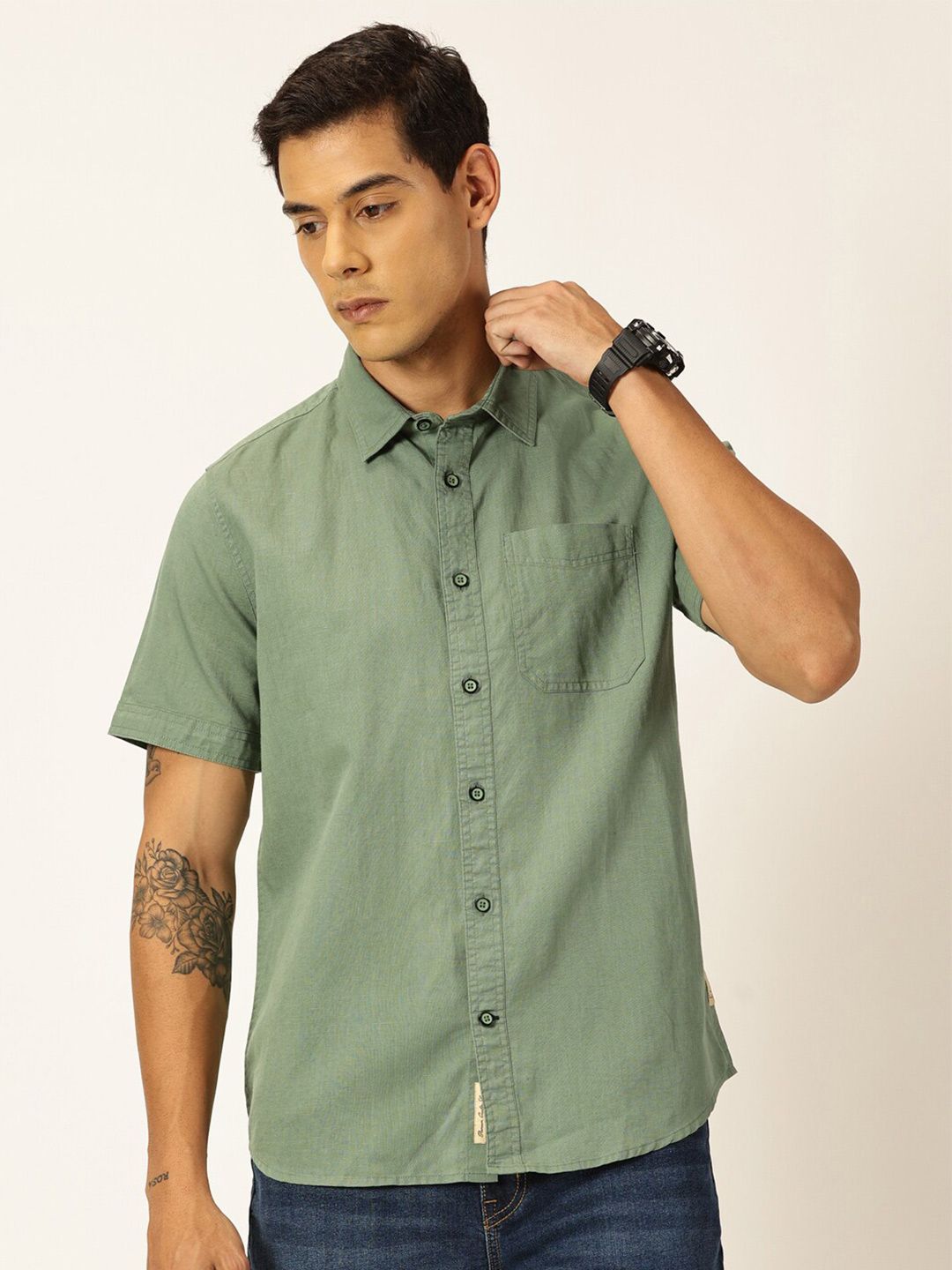 Thomas Scott Premium Spread Collar Cotton Linen Short Sleeves Casual Shirt