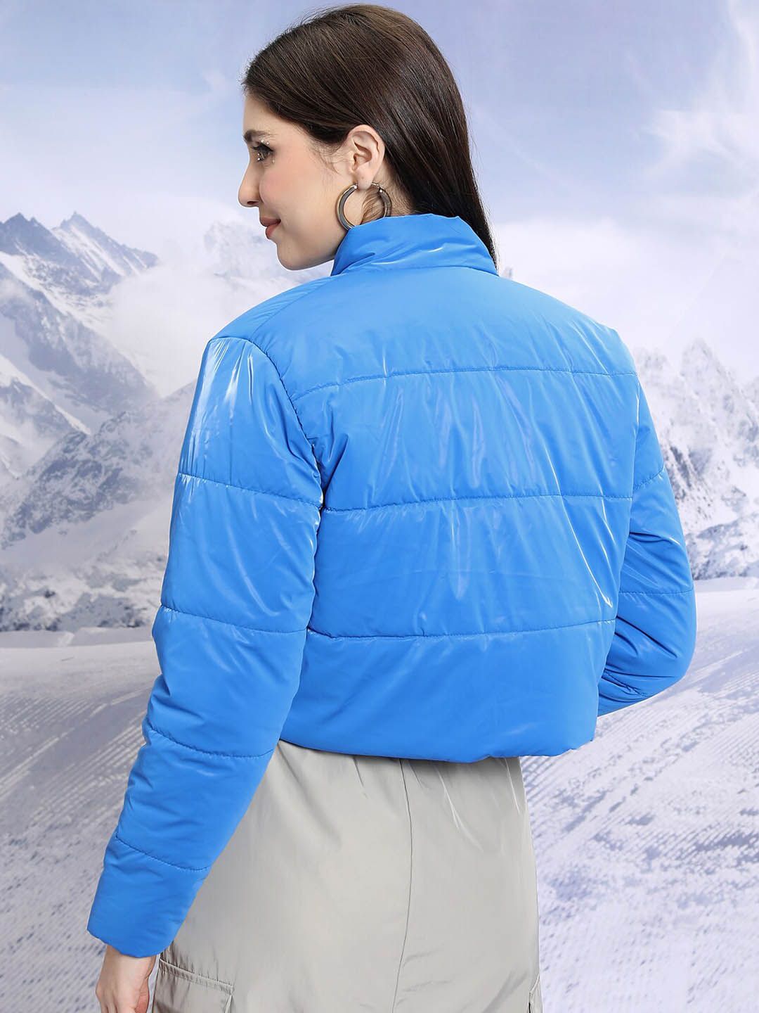 Tokyo Talkies Blue Stand Collar Crop Puffer Jacket