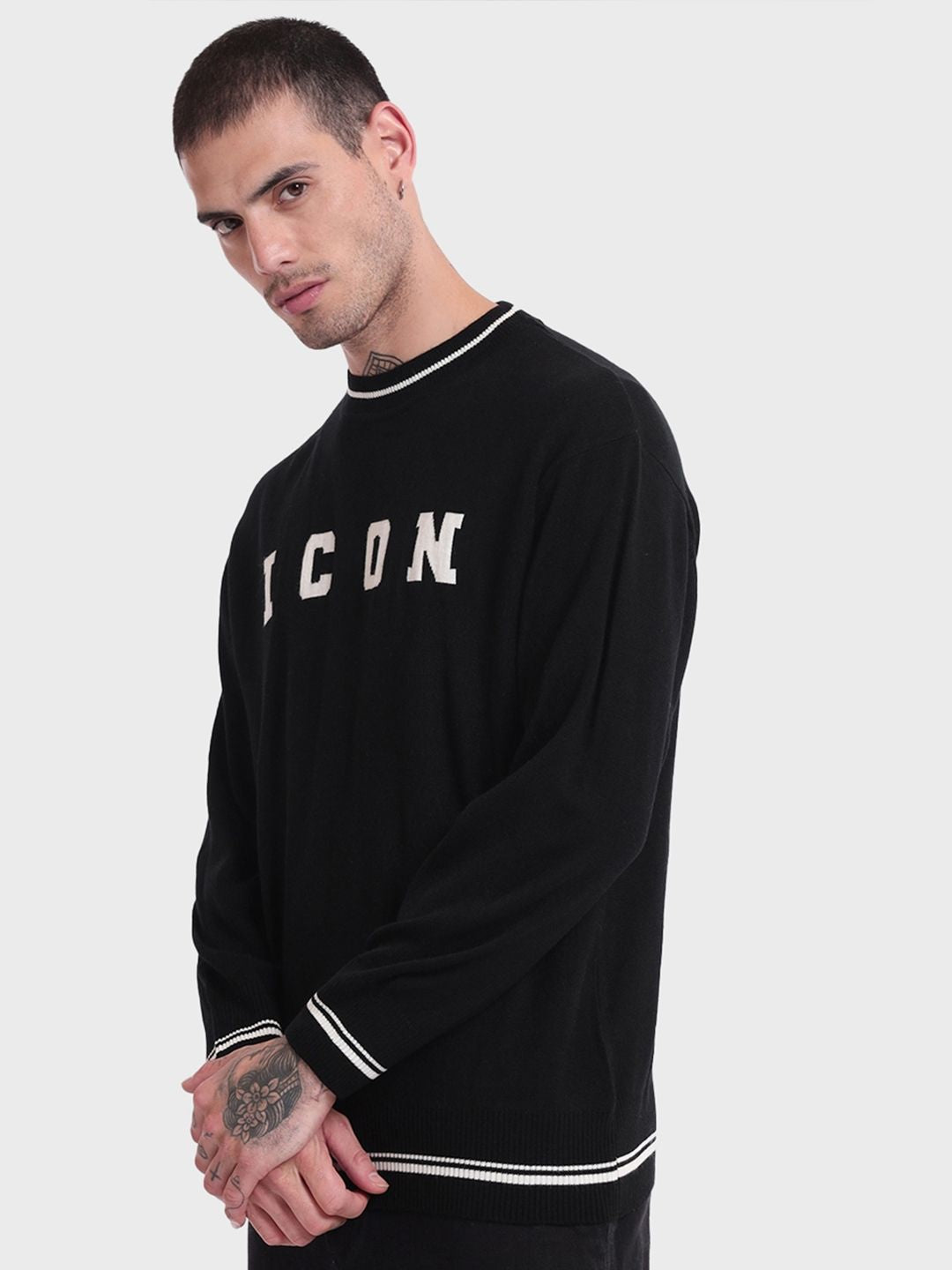 Bewakoof Men Jet Black ICON Typography Oversized Sweater