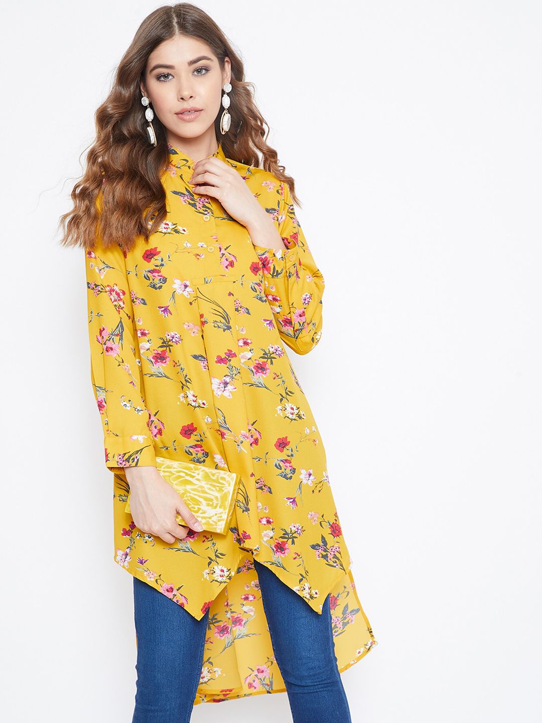 Berrylush Women Yellow Floral Printed Mandarin Collar Crepe Shirt Style Longline Top