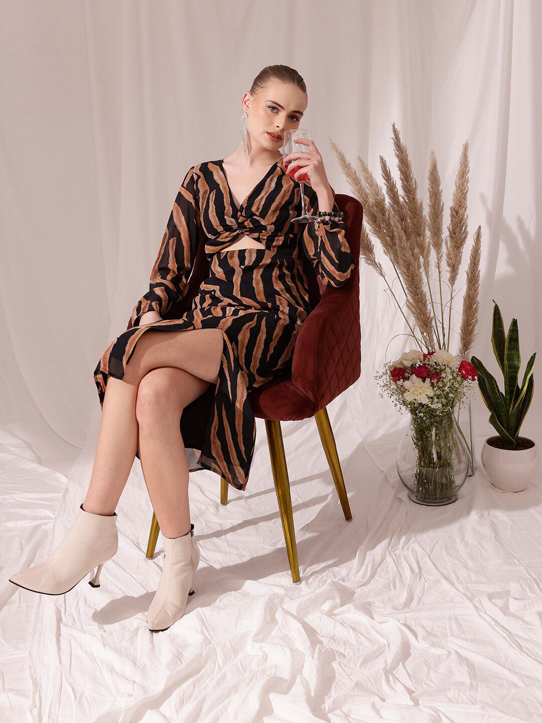 STREET 9 V Neck Long Sleeves Animal Print Georgette Fit & Flare Midi Dress