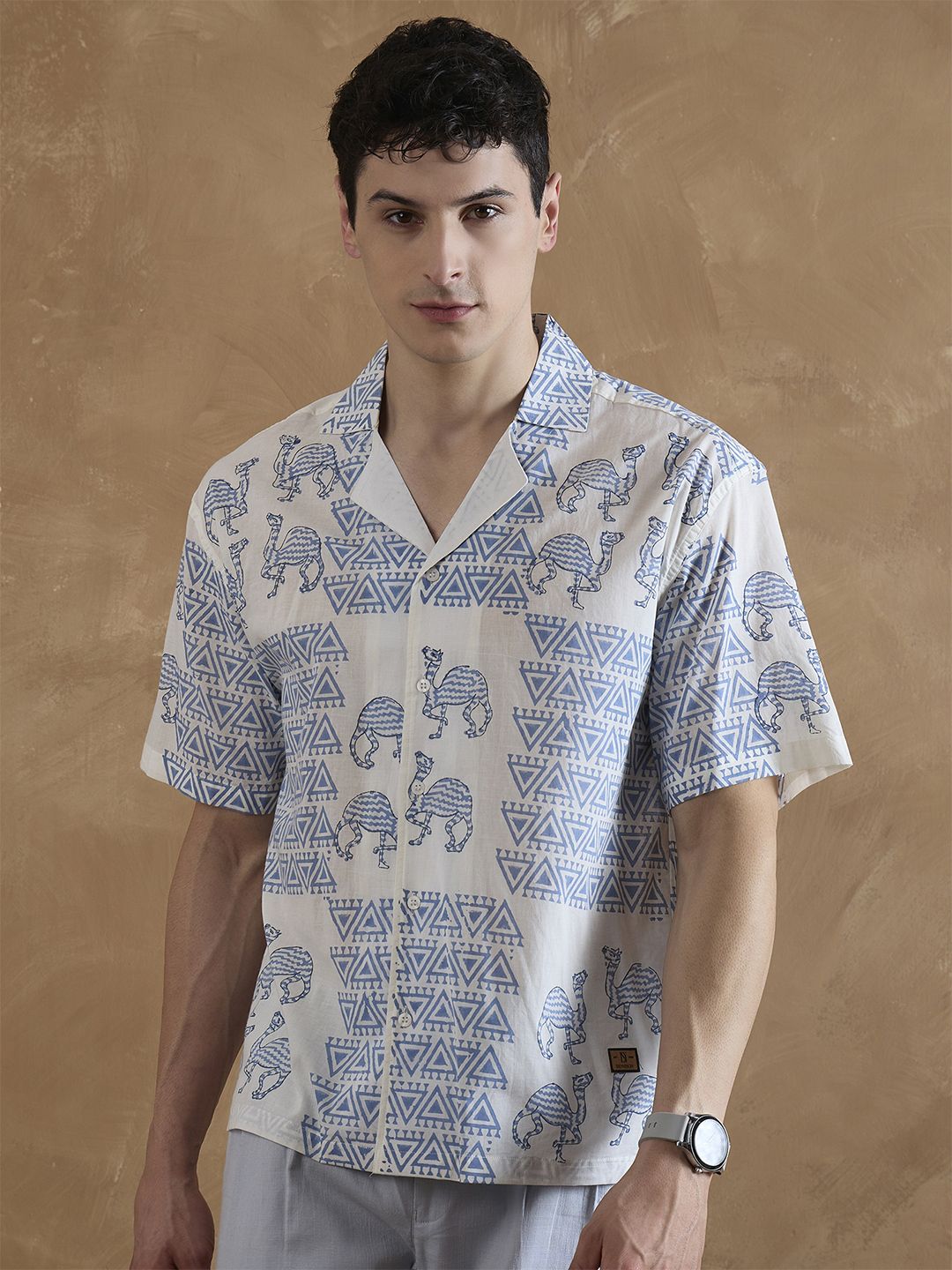 DENNISON Men Off White and Blue Hand Block Printed Shirt