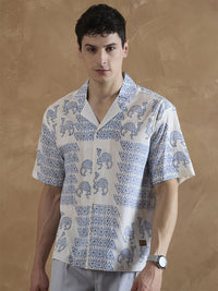 DENNISON Men Off White and Blue Hand Block Printed Shirt