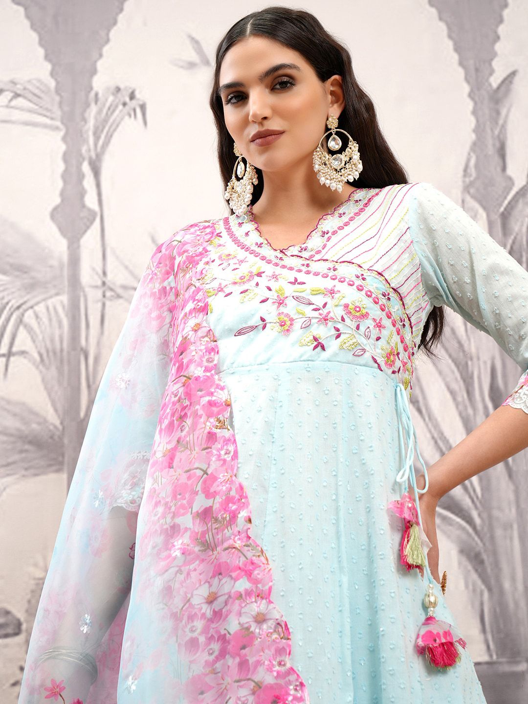 Vishudh Blue & Pink Floral Embroidered Pure Cotton Angrakha Kurta & Trousers With Dupatta