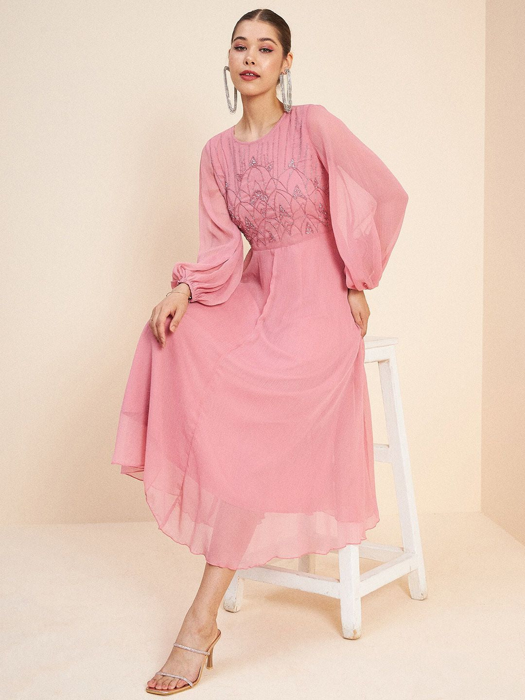 Antheaa Pink Embellished Puff Sleeves Gathered Fit & Flare Midi Dress