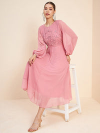 Antheaa Pink Embellished Puff Sleeves Gathered Fit & Flare Midi Dress