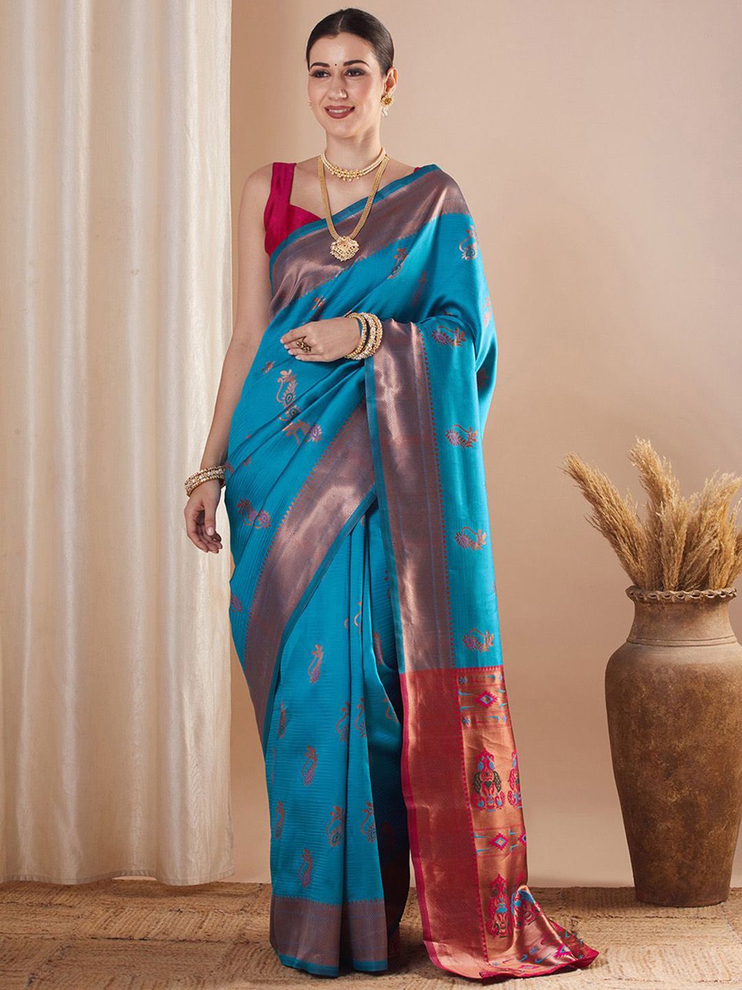 Saree mall Ethnic Motifs Zari Silk Blend Paithani Sarees