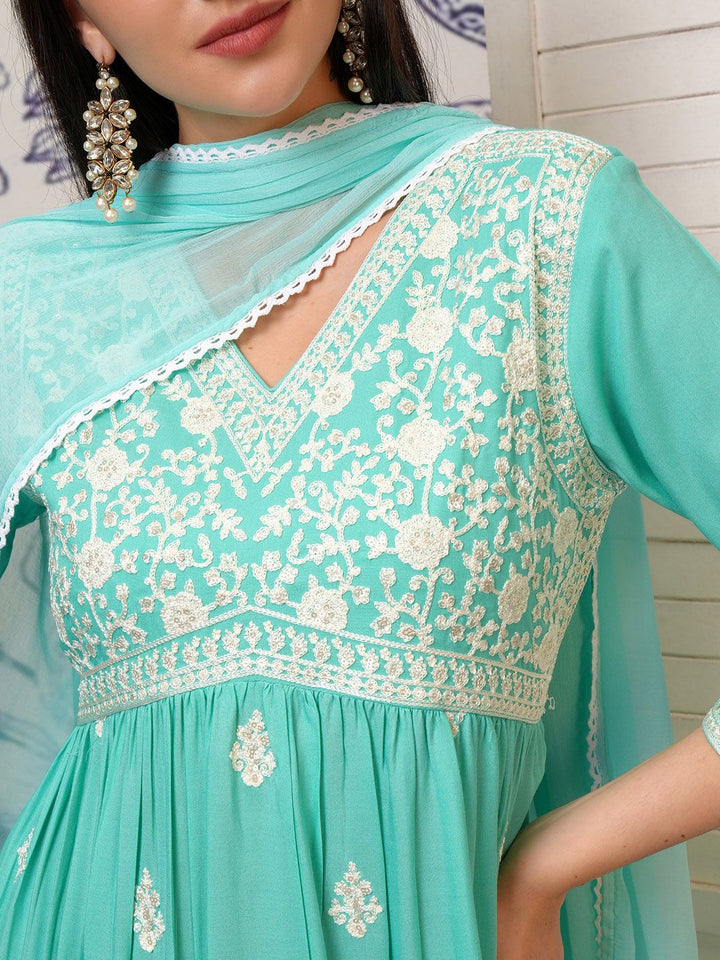 Vishudh Blue Ethnic Motifs Embroidered Sequinned A-Line Kurta With Trousers & Dupatta