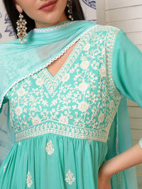 Vishudh Blue Ethnic Motifs Embroidered Sequinned A-Line Kurta With Trousers & Dupatta