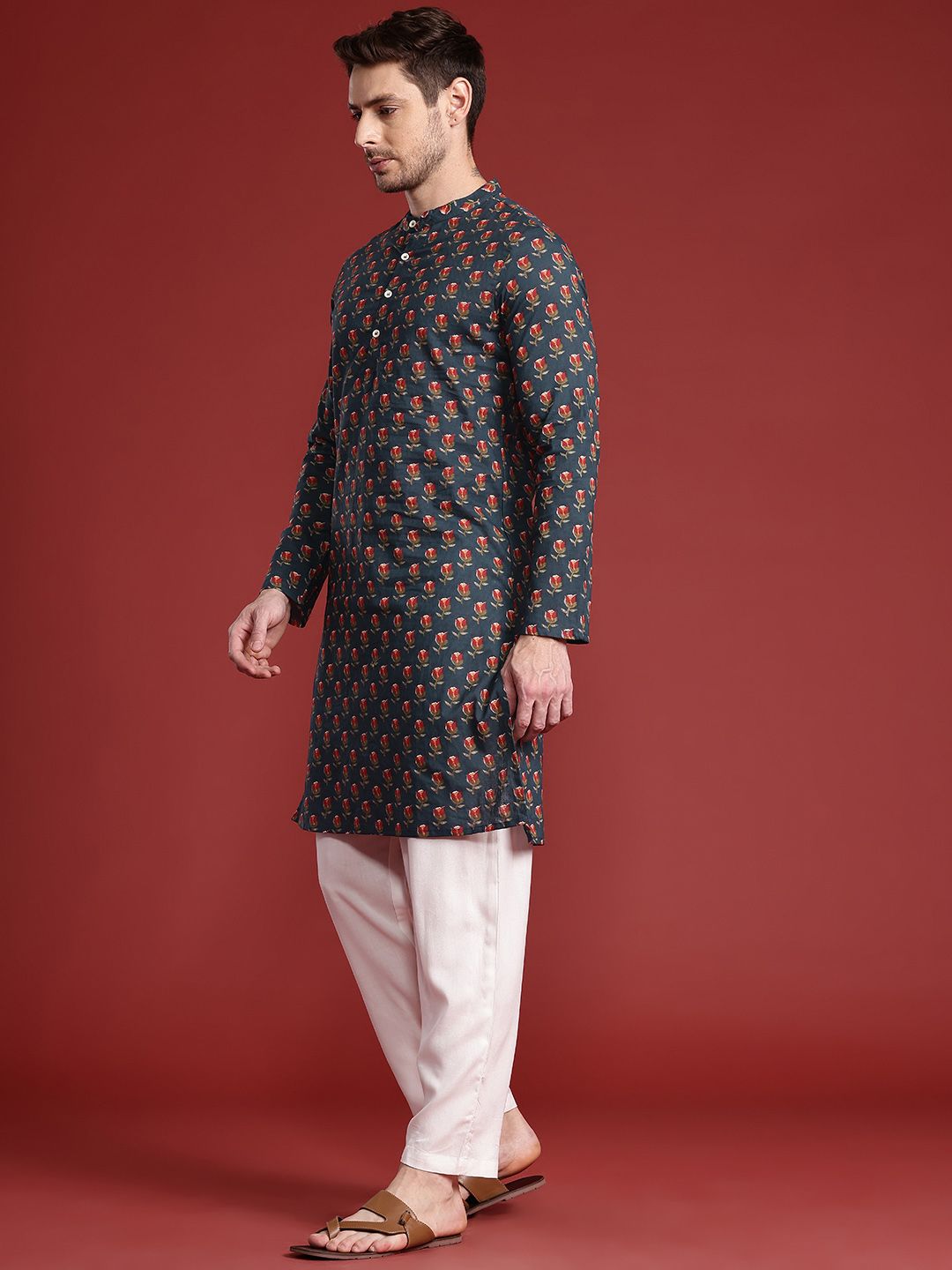 Anouk Band Collar Floral Printed Pure Cotton Kurta