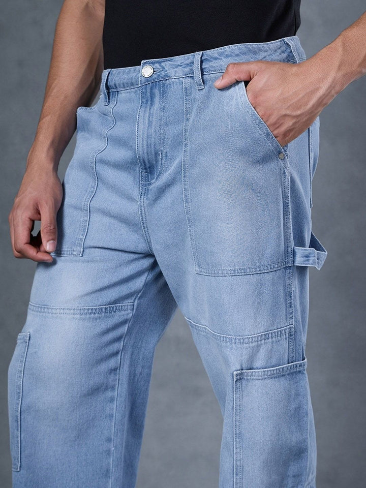 Bewakoof Men's Blue Baggy Cargo Carpenter Mid-Rise Jeans
