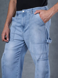 Bewakoof Men's Blue Baggy Cargo Carpenter Mid-Rise Jeans