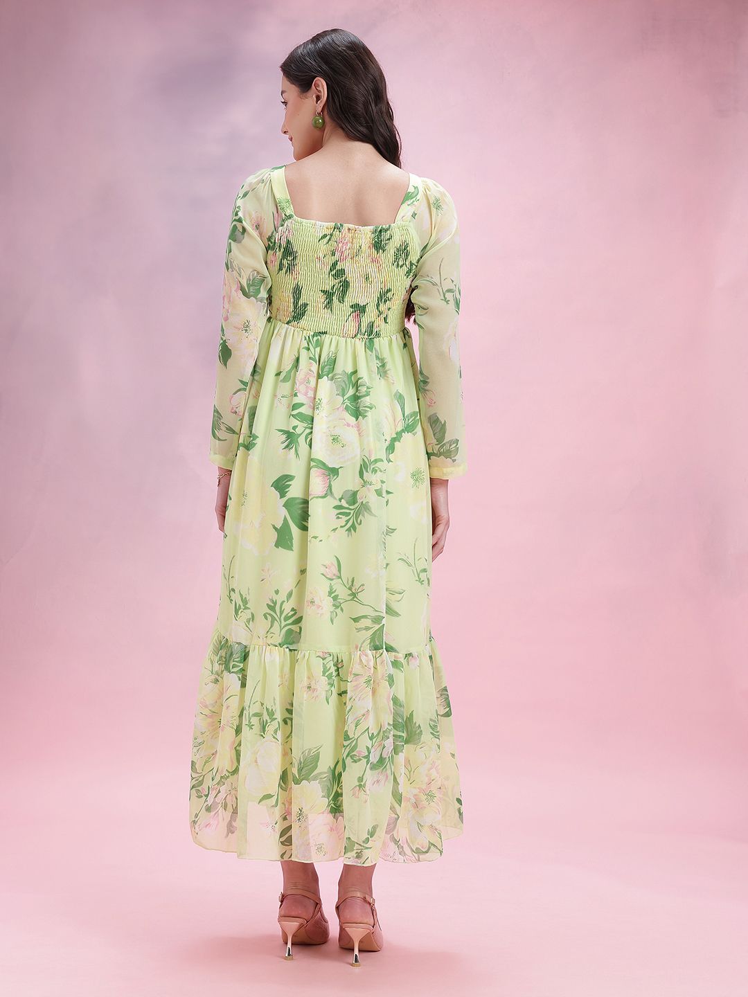 DressBerry Floral Print Square Neck Pleated Smocked Midi Dress