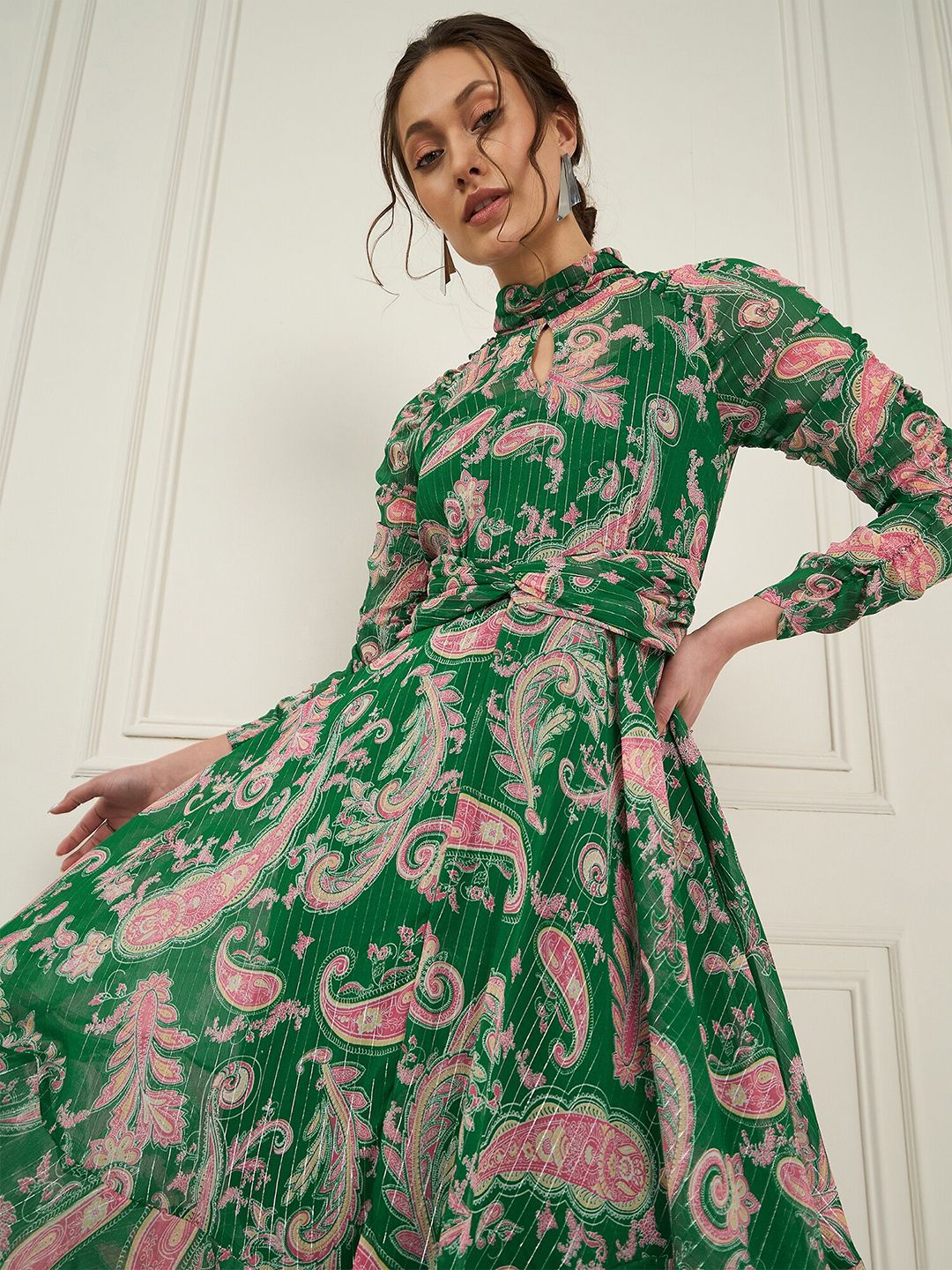 Antheaa Floral Printed Chiffon High Neck Fit & Flare Midi Dress