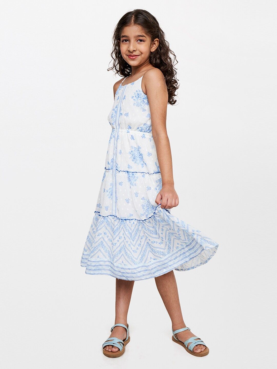 Global Desi White Floral A-Line Midi Dress