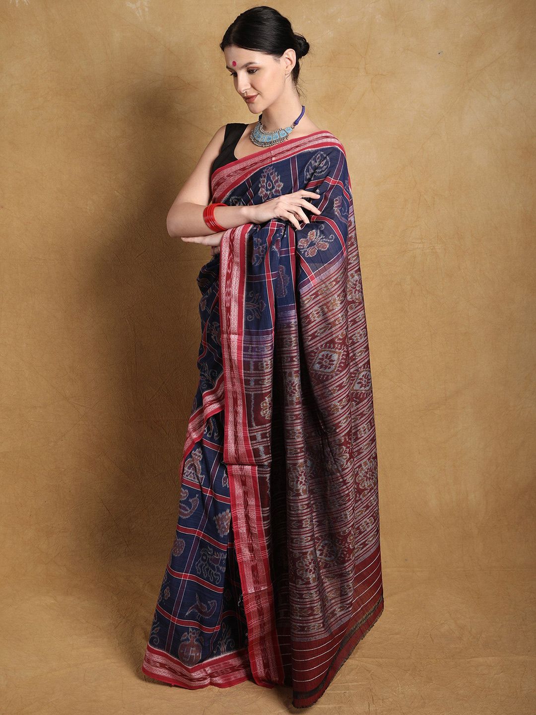 Exotic India Patriot Blue Pure Cotton Ikat Sambalpuri Saree with Rudraksha Border