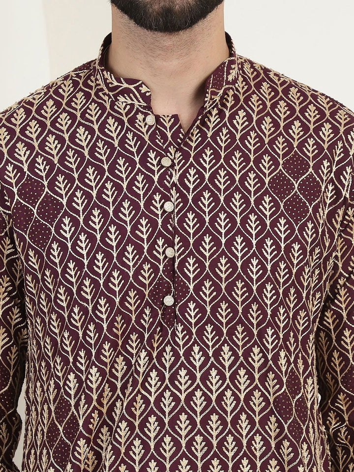 SOJANYA Lelaki Motif Etnik Lengan Berkobar Kurta Kerja Benang