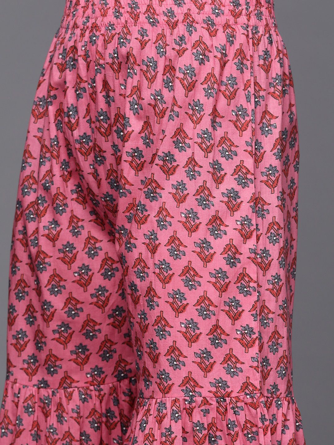 Varanga Women Grey & Pink Floral Print Angrakha Gotta Patti Pure Cotton Kurta with Sharara