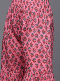 Varanga Women Grey & Pink Floral Print Angrakha Gotta Patti Pure Cotton Kurta with Sharara