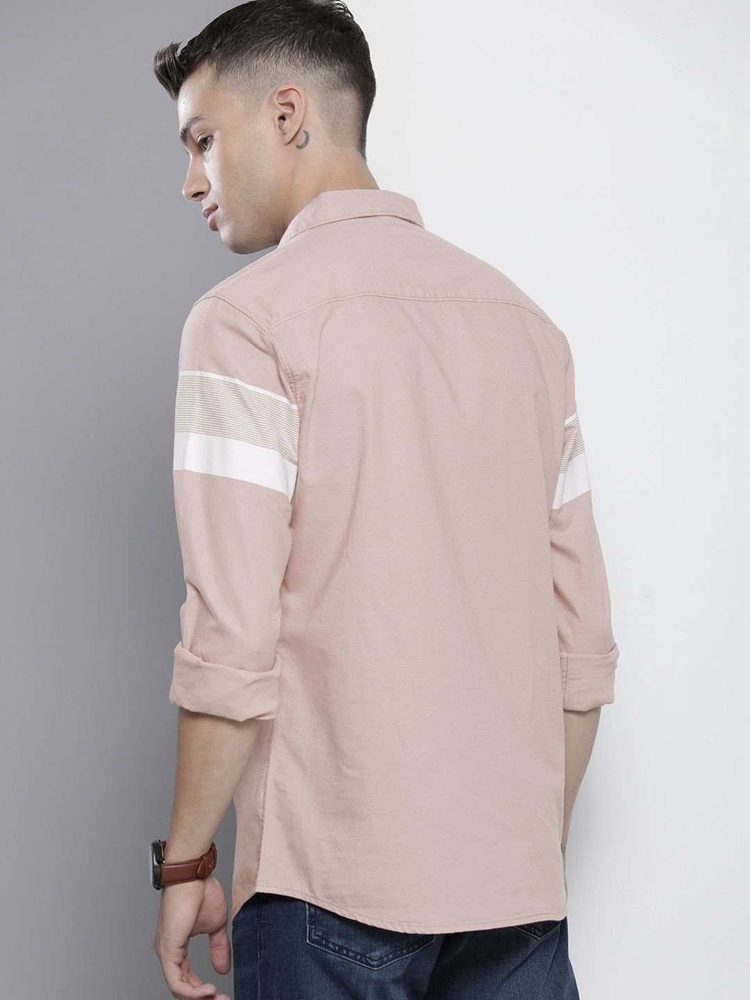 The Indian Garage Co Men Dusty Pink Horizontal Stripes Casual Cotton Shirt