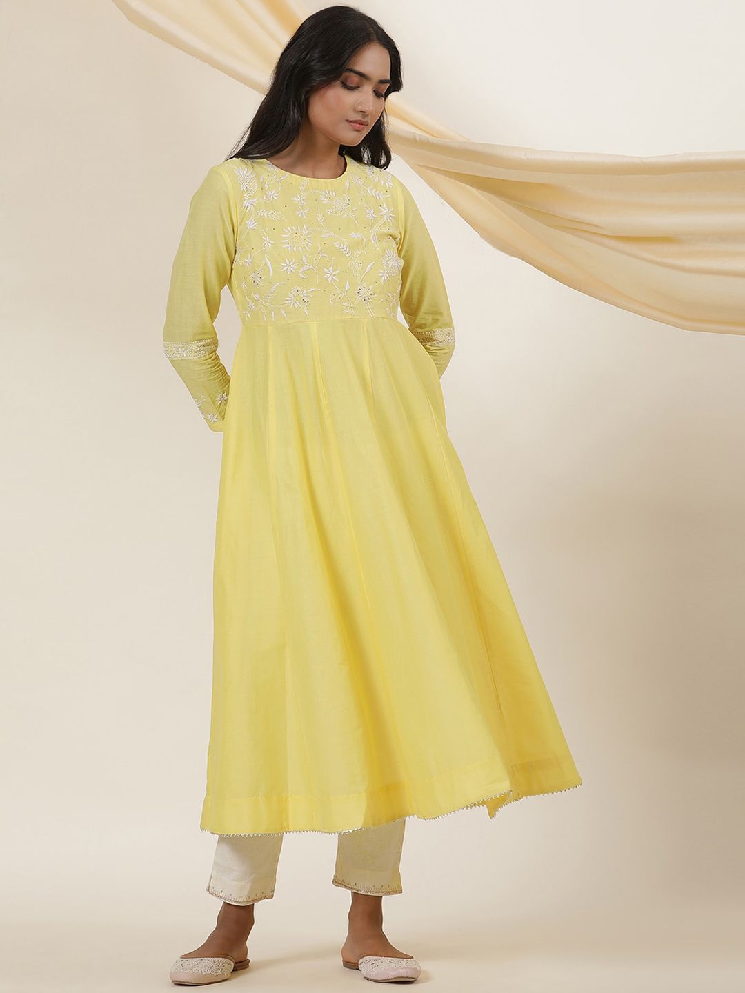 W Yellow Floral Embroidered Thread Work Cotton Empire Anarkali Kurta