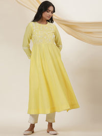 W Yellow Floral Embroidered Thread Work Cotton Empire Anarkali Kurta