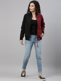 Campus Sutra Women Black& Maroon Colourblocked Windcheater Outdoor Bomber Jacket