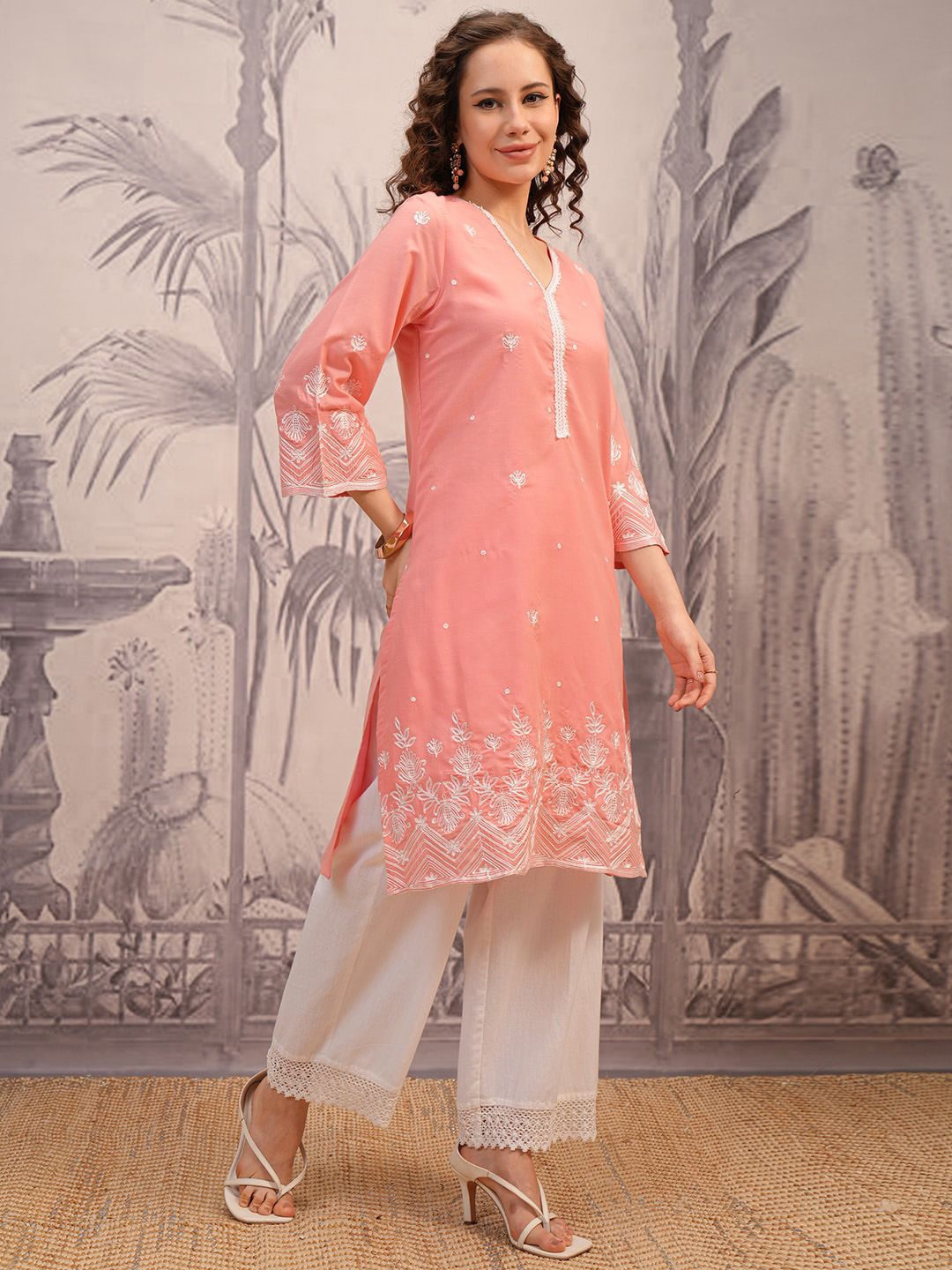 Vishudh Peach Coloured Floral Embroidered V-Neck Straight Kurta