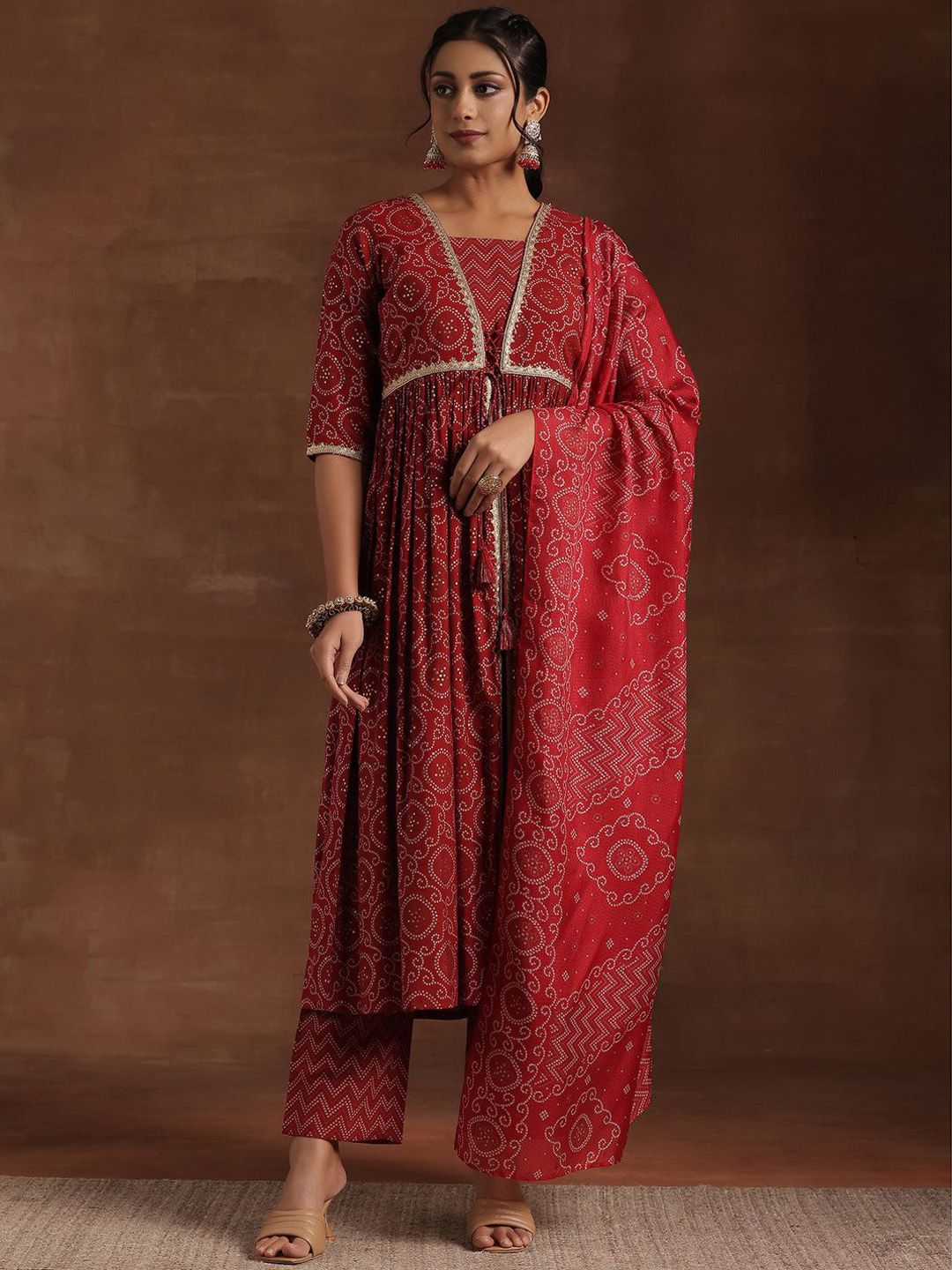 Libas Bandhani Printed Pleated Gotta Patti A-Line Kurta With Trouser & Dupatta