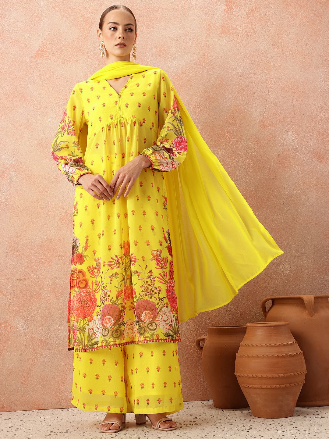 all about you Women Floral Printed Pleated Kurta with Trousers & Dupatta